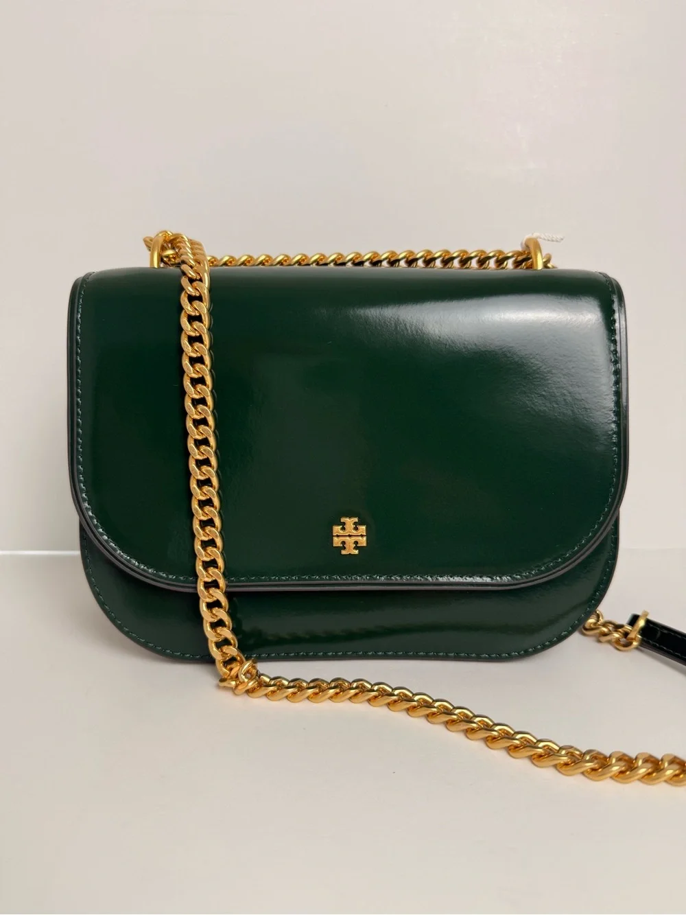 Tory Burch Emerson Patent Flap Adjustable Shoulder Bag Pine Tree Green / Gold